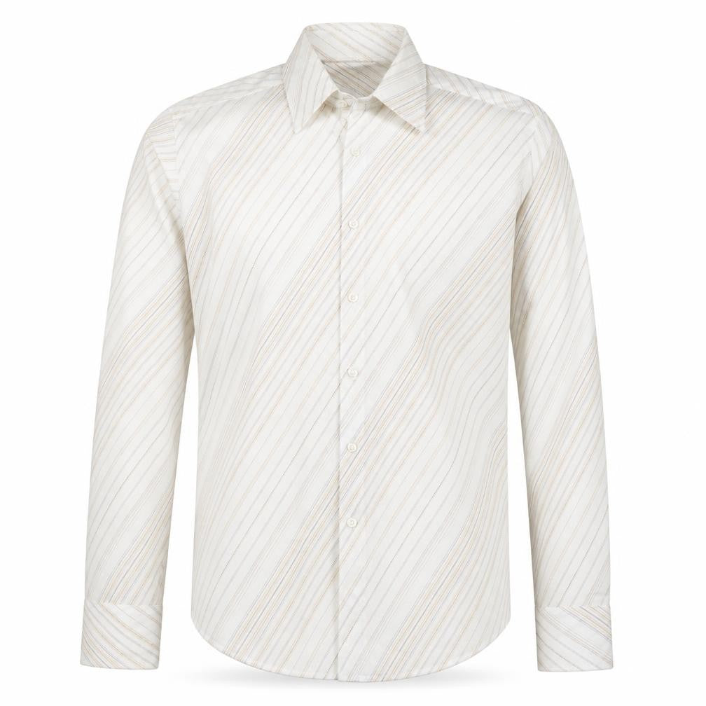 Front view of Burton men’s beige striped button-up, size L