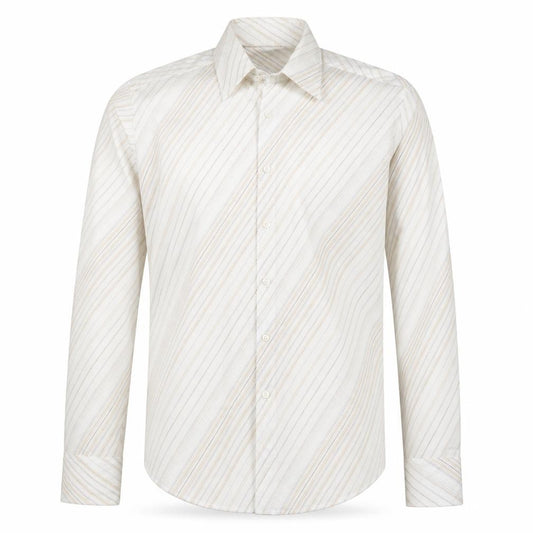 Front view of Burton men’s beige striped button-up, size L