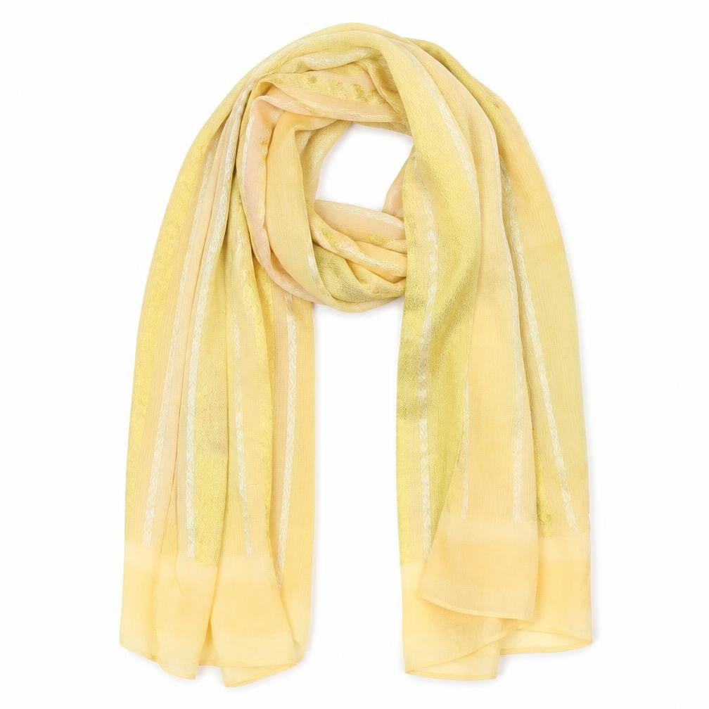 Front view of Preworn unisex yellow striped shawl/wrap