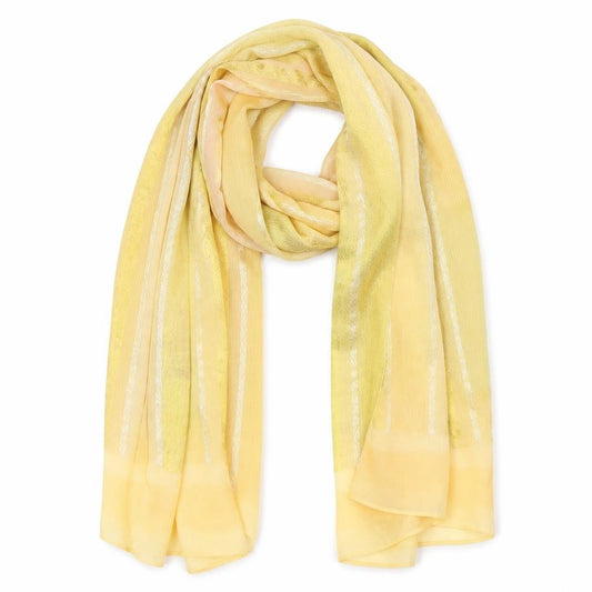 Front view of Preworn unisex yellow striped shawl/wrap