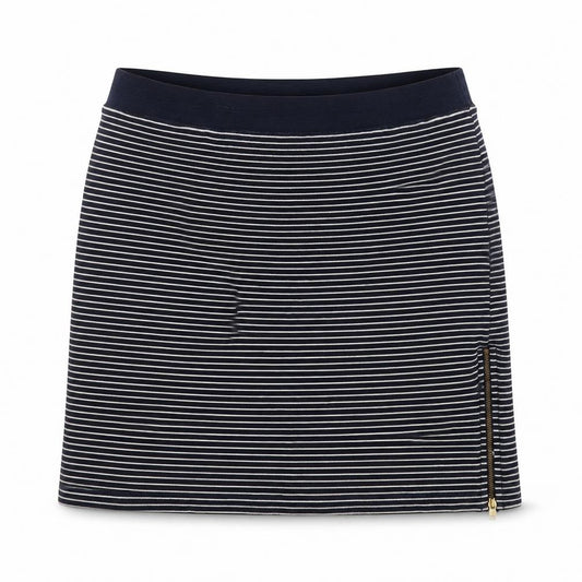 Front view of Warehouse women’s blue striped rayon a-line skirt, size UK 14