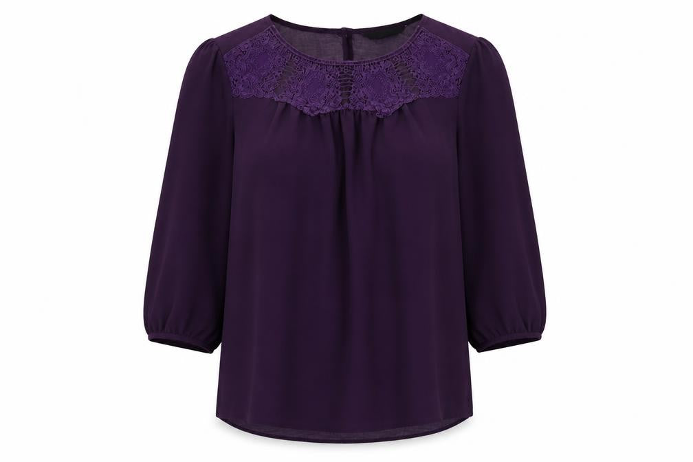 Front view of Dorothy P women’s purple basic blouse, size UK 14