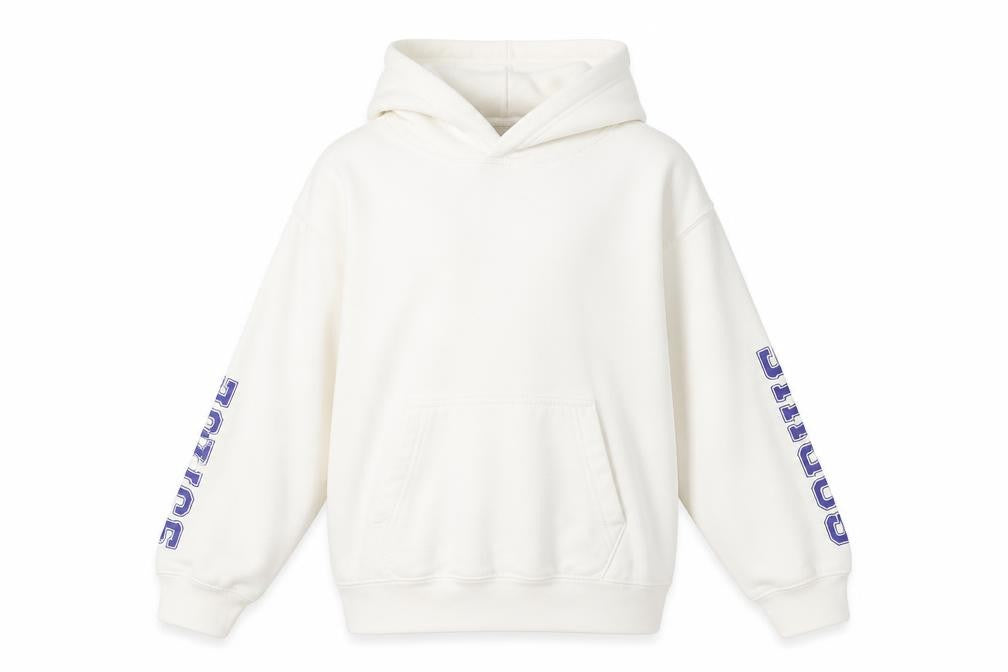 Front view of Just Hoods girls’ white pullover hoodie, size 10-11, years
