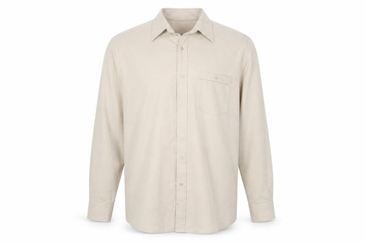 Front view of Avenue men’s beige striped button-up, size L