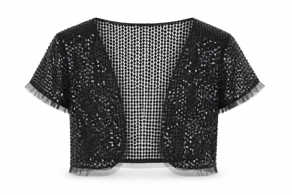 Front view of Fleur women’s black shrug jumper, size UK 12, - sequins all over