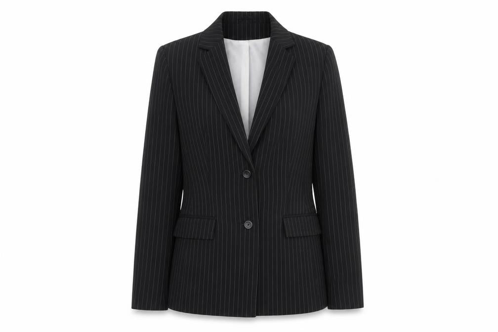 Front view of NLCollection women’s black striped jacket blazer, size UK 10