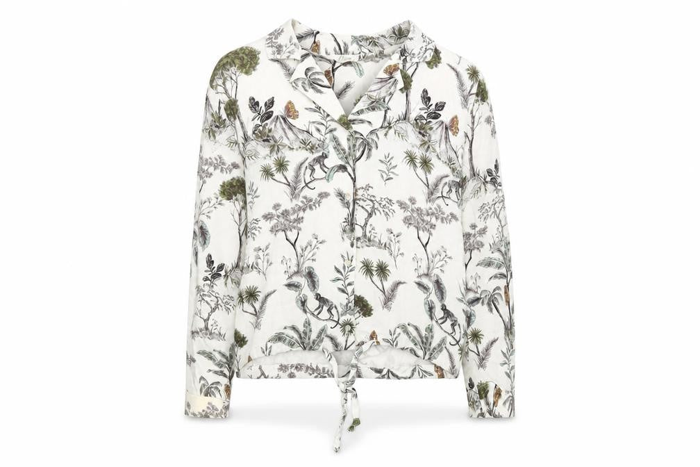 Front view of Etam women’s white floral basic button-up, size XS