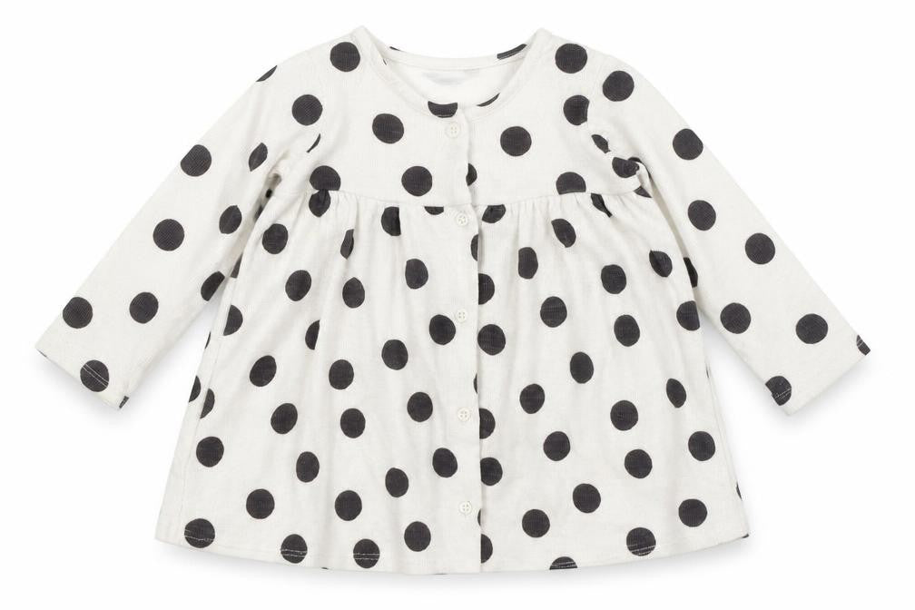 Front view of George girls’ white spotted a-line, size 9-12, months