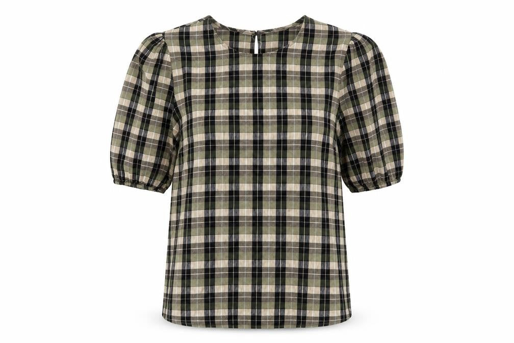 Front view of Primark women’s brown check basic blouse, size UK 6