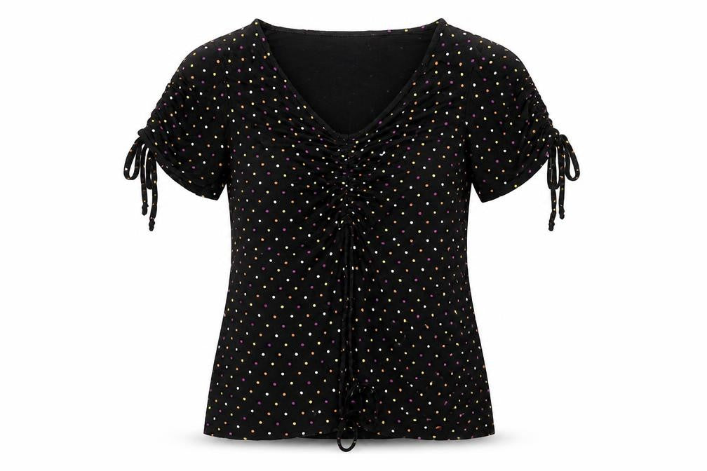 Front view of Luna Loves women’s black polka dot basic t-shirt, size UK 6