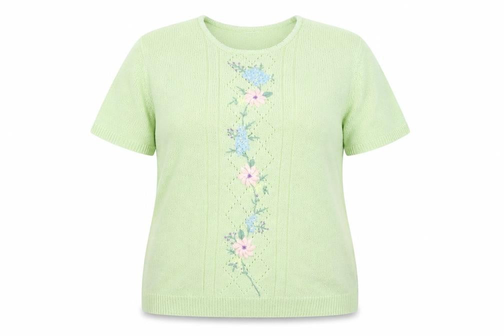 Front view of Damart women’s green floral basic t-shirt, size UK 16