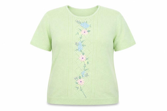 Front view of Damart women’s green floral basic t-shirt, size UK 16