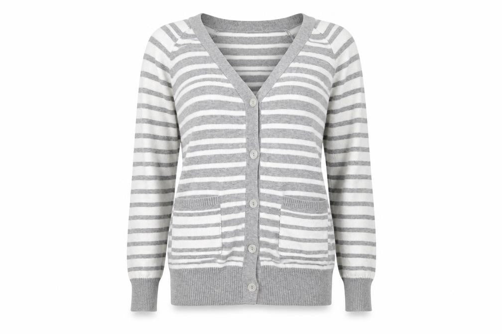 Front view of evie women’s grey striped cardigan jumper, size UK 8