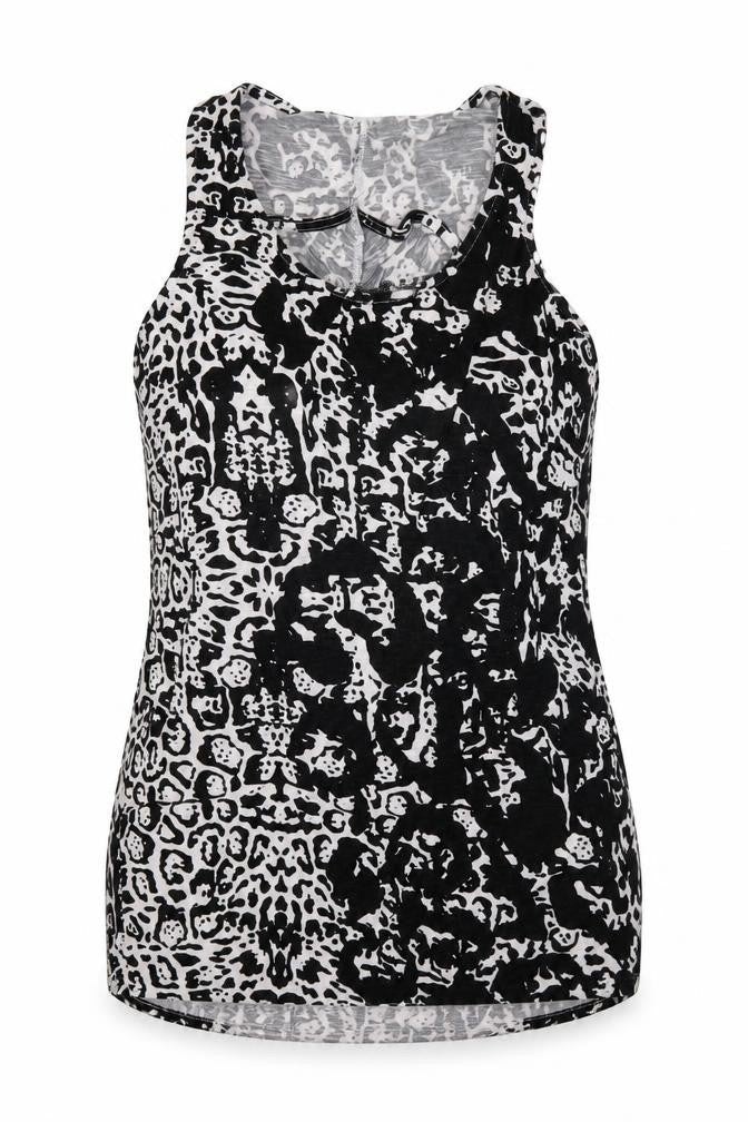 Front view of Dorothy Perkins women’s black geometric basic tank, size UK 10