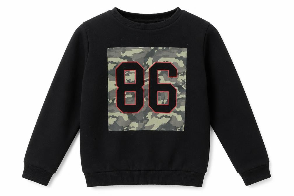 Front view of Primark boys’ black pullover sweatshirt, size 5-6, years