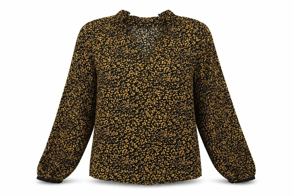 Front view of Marks & Spencer women’s black animal print basic blouse, size UK 6