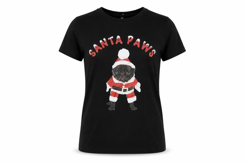 Front view of Sinsay women’s black basic t-shirt, size M, - santa paws