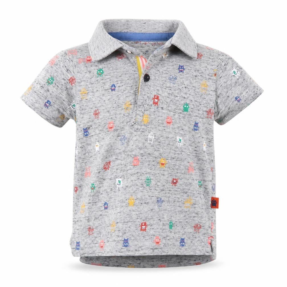 Front view of Primark Baby Grey Basic Polo, size 9-12, Months - Monster Print