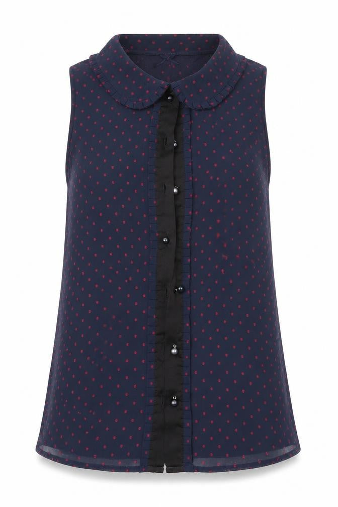 Front view of Next women’s blue polka dot basic blouse, size UK 6