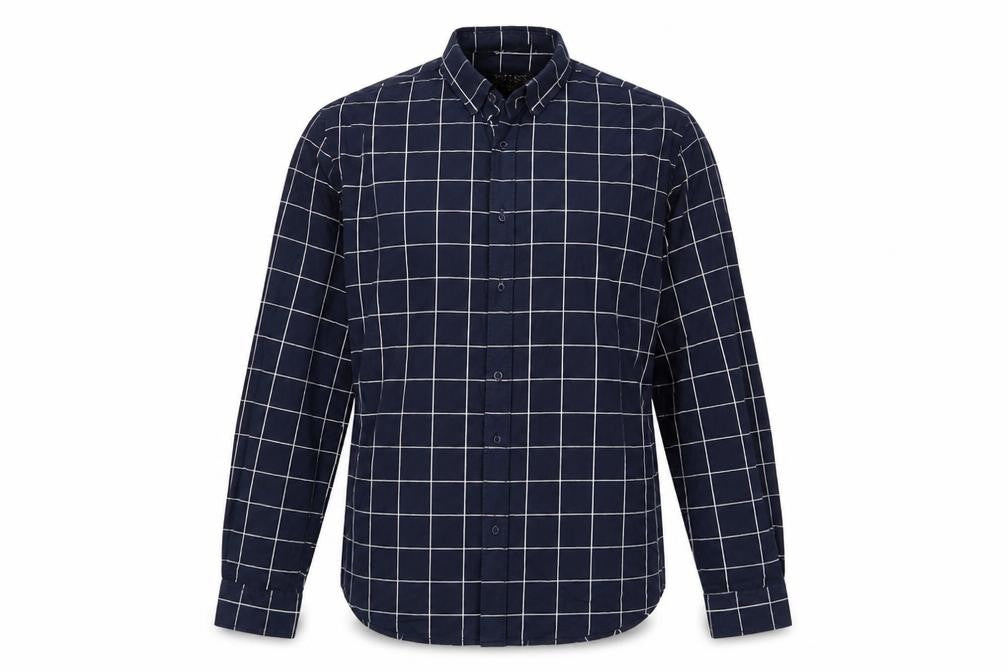 Front view of Zara men’s blue check button-up, size L