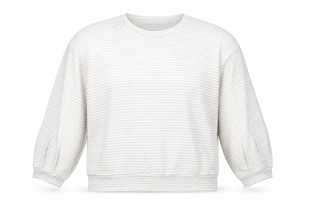Front view of Peacocks women’s grey striped jumper, size UK 20