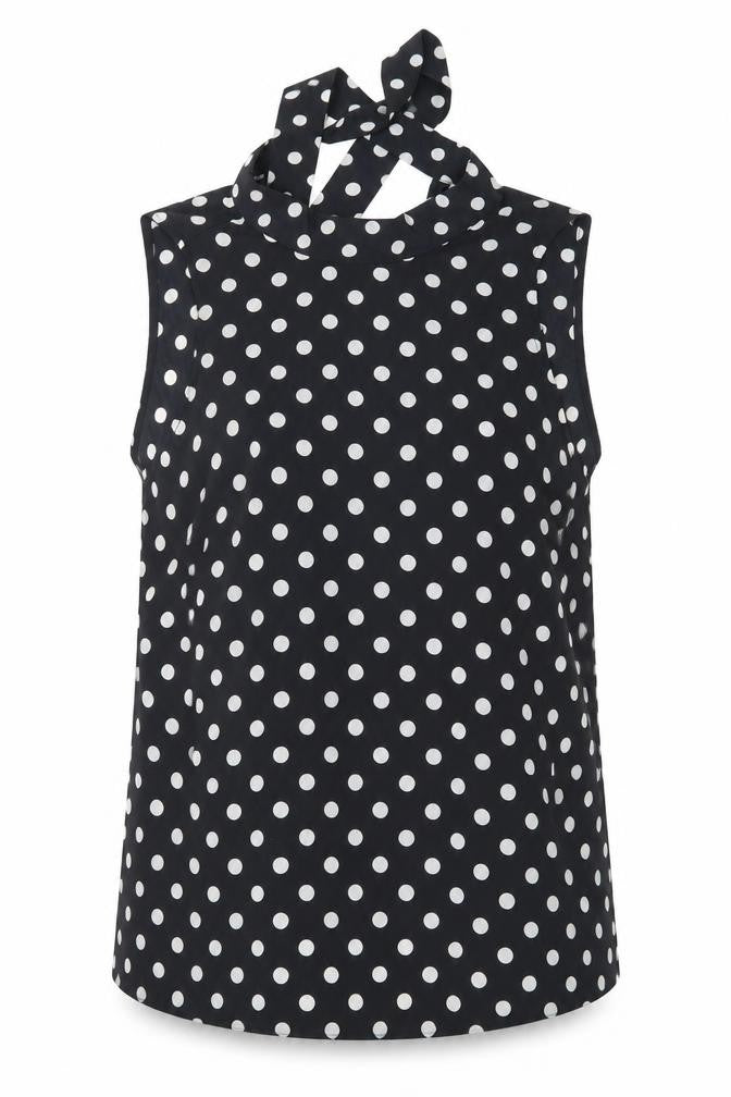 Front view of maria bellesy women’s black polka dot basic blouse one size