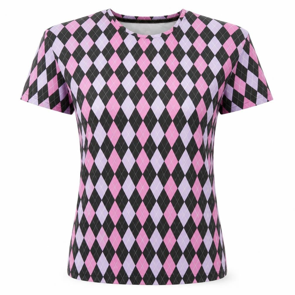 Front view of Urban Threads women’s pink argyle/diamond basic t-shirt, size UK 12