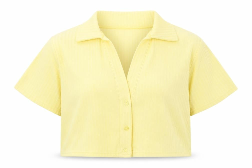 Front view of Boohoo women’s yellow striped basic button-up, size UK 16
