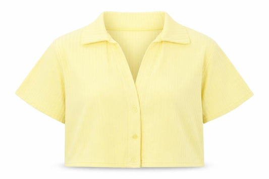 Front view of Boohoo women’s yellow striped basic button-up, size UK 16