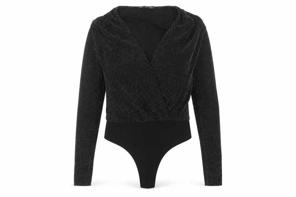 Front view of I SAW IT FIRST women’s black bodysuit one-piece, size S