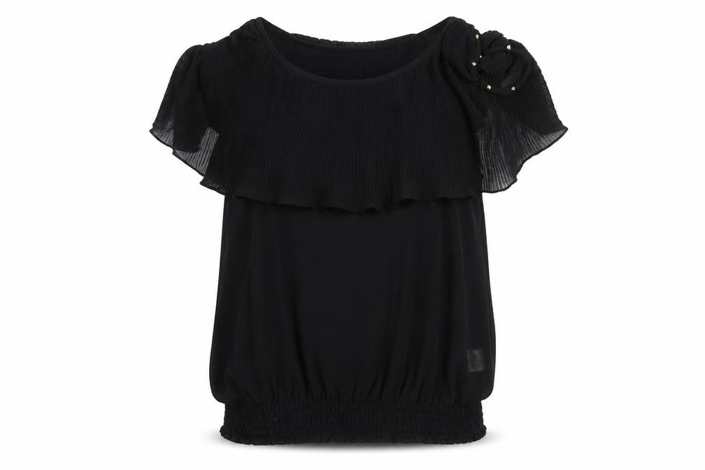 Front view of Miss Moda women’s black basic blouse, size L