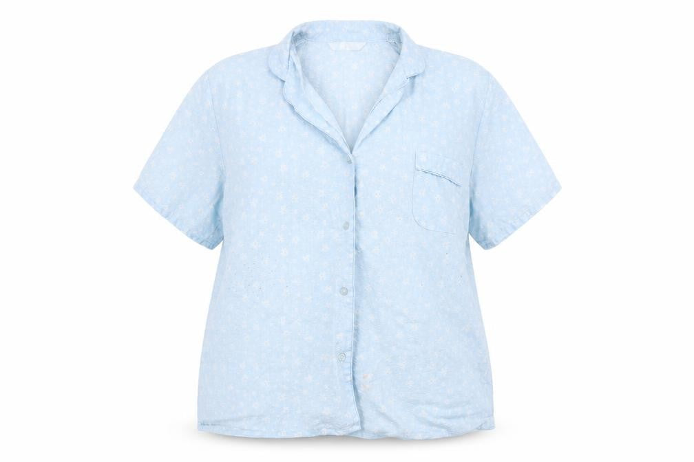 Front view of Preworn women’s blue basic button-up, size UK 16