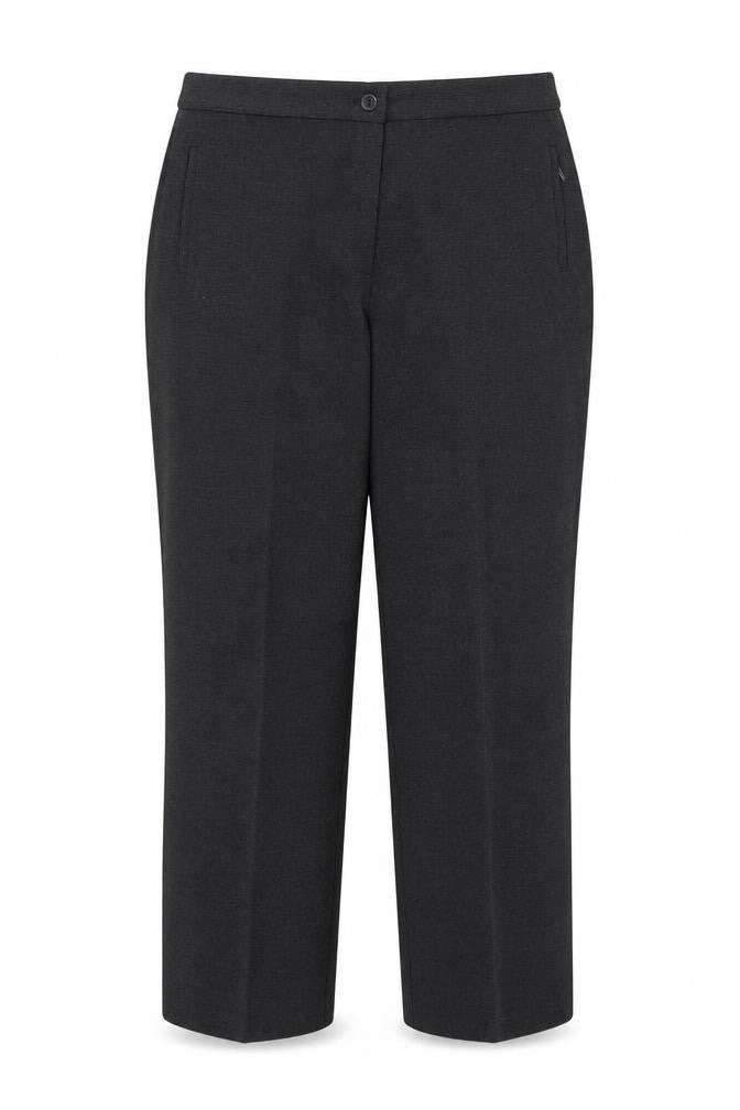 Front view of Preworn women’s grey trousers, size UK 14, 29-inch leg - work office