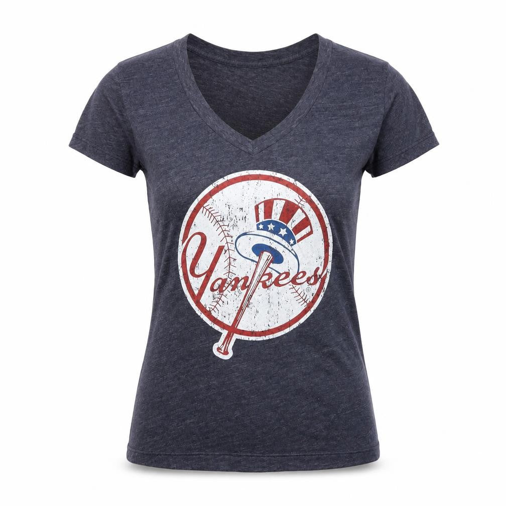Front view of Magestic Threads women’s blue basic t-shirt, size S, - yankees