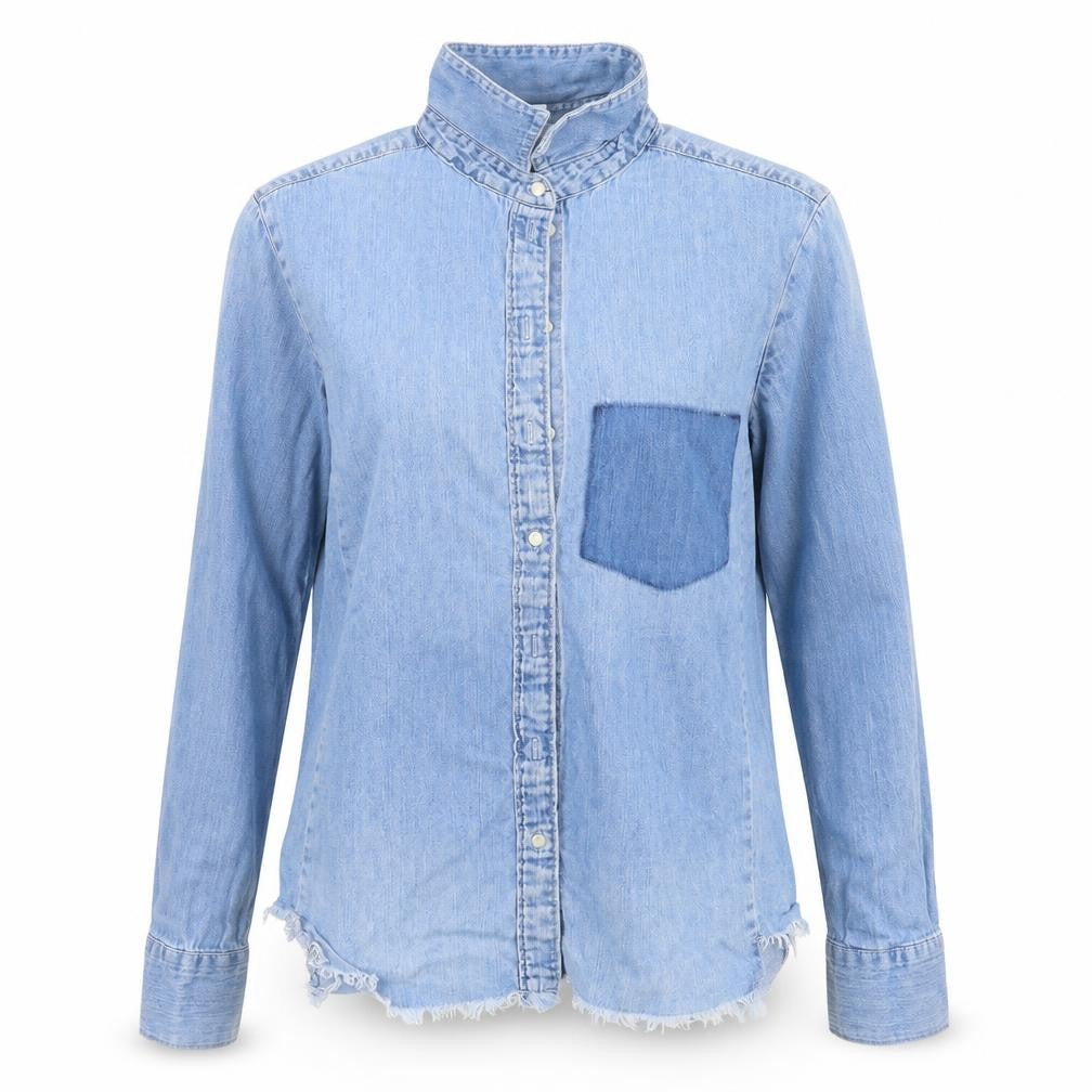 Front view of H&M women’s blue denim basic button-up, size UK 6