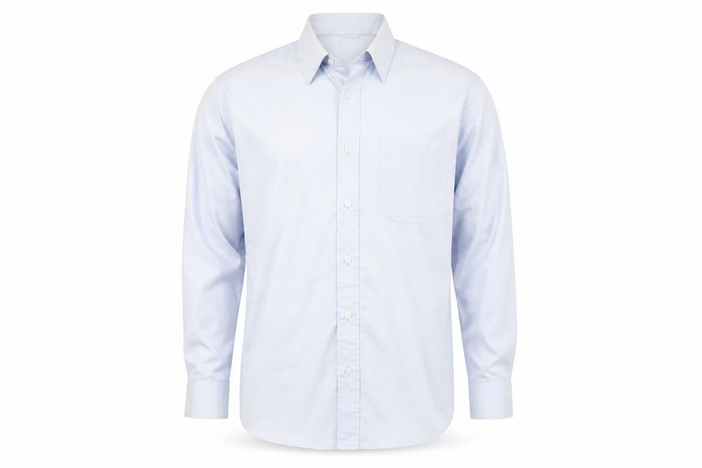 Front view of Marks & Spencer men’s blue button-up, size 15.5