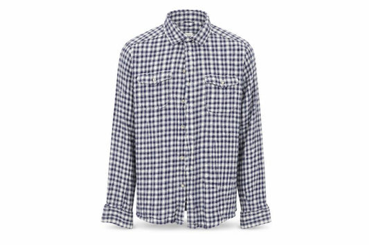 Front view of George men’s blue check button-up, size M