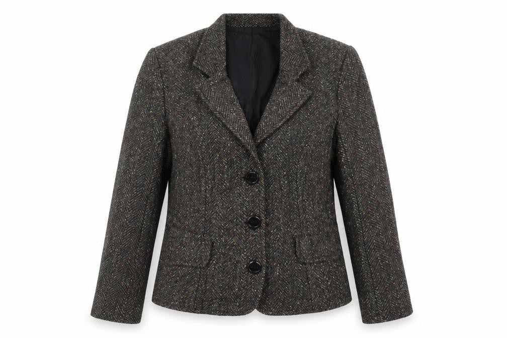 Front view of Adini women’s brown herringbone jacket blazer, size L