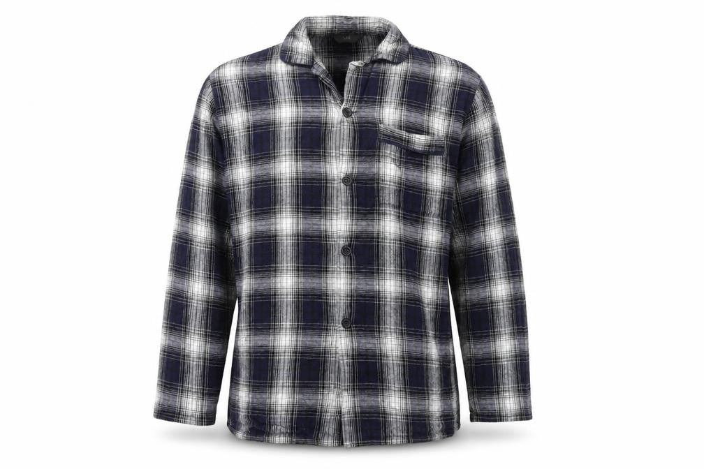 Front view of Marks & Spencer men’s blue check button-up, size M