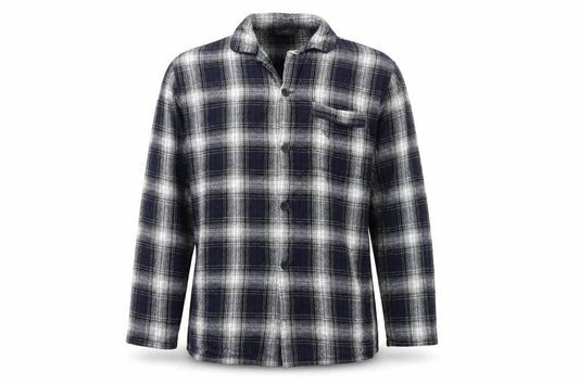 Front view of Marks & Spencer men’s blue check button-up, size M