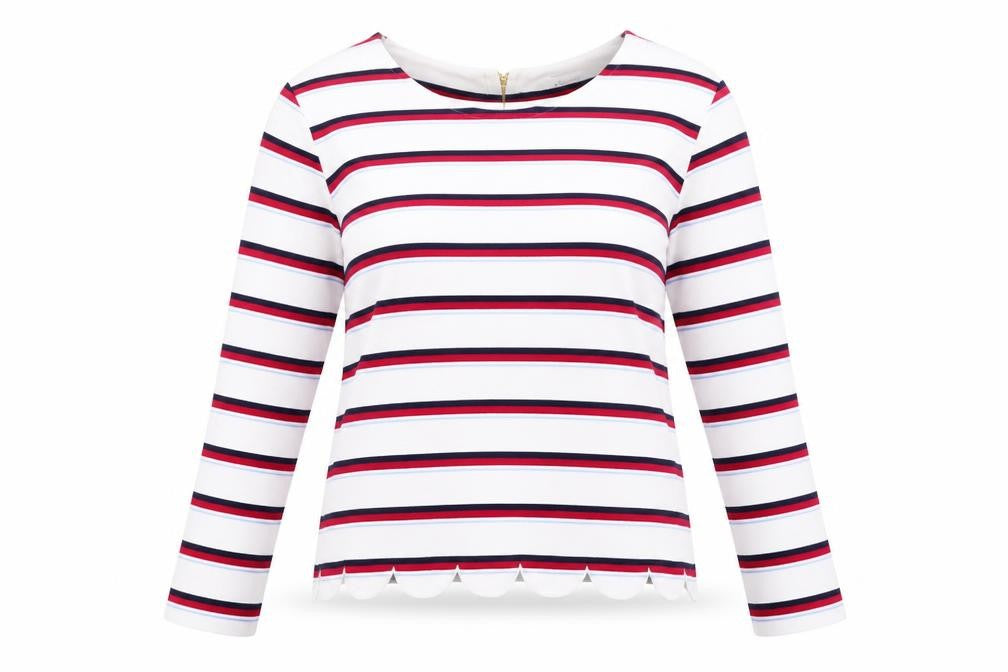 Front view of Marks & Spencer women’s multicoloured striped jumper, size UK 12