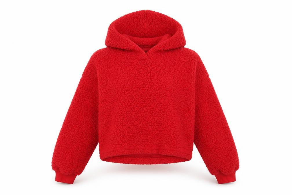 Front view of women’s red pullover hoodie, size L