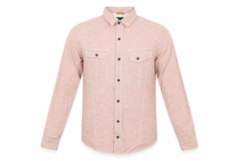Front view of f.f.p factory men’s pink check button-up, size M