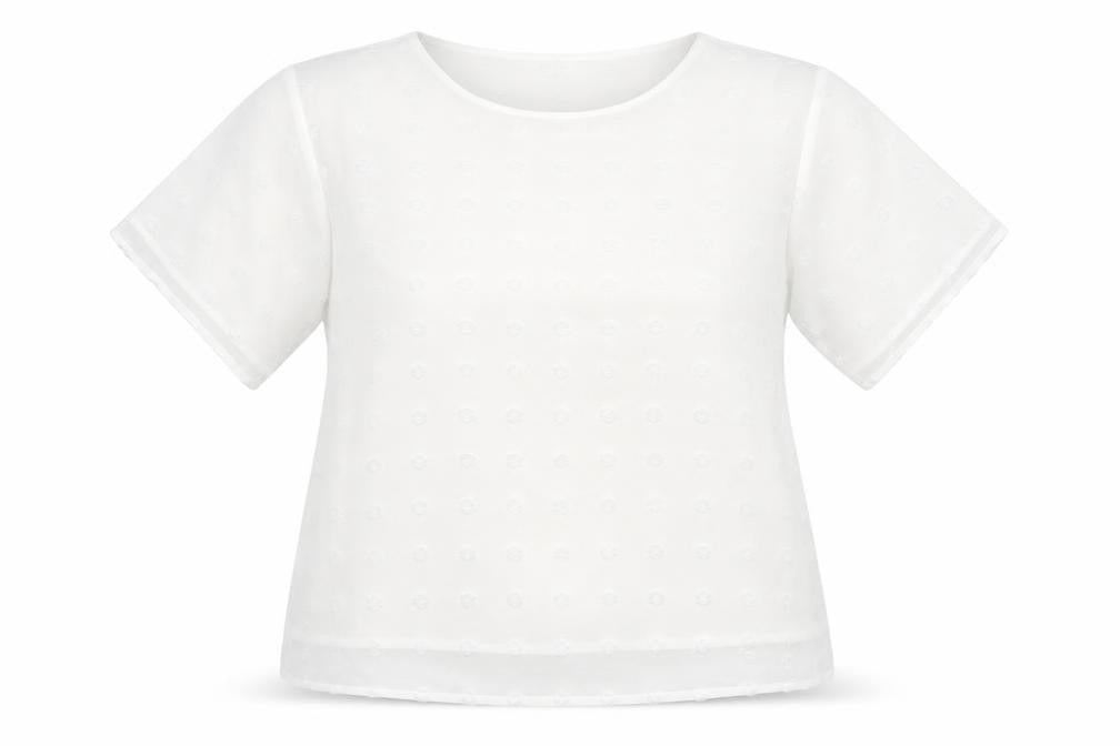 Front view of Bloomin Jelly women’s white polka dot basic t-shirt, size M