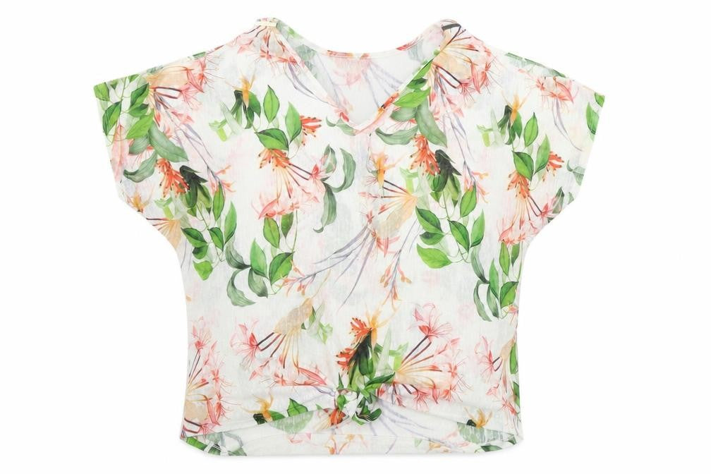 Front view of Preworn women’s white floral basic blouse, size UK 14