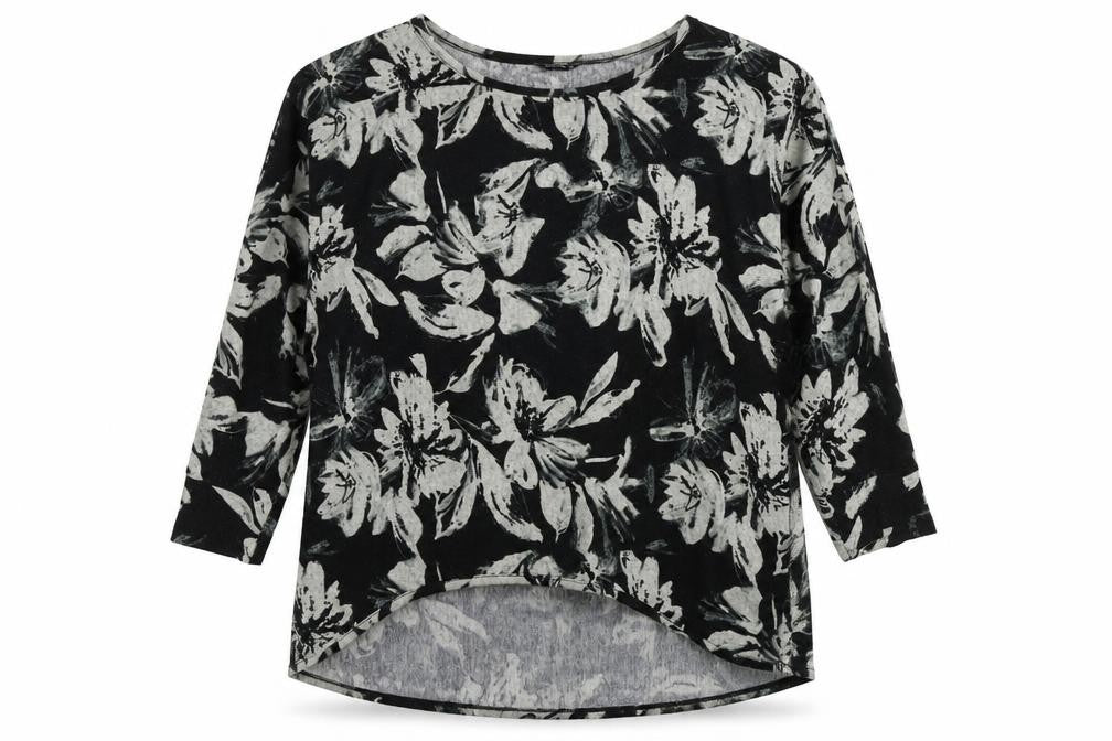 Front view of Roman women’s black floral jumper, size UK 10