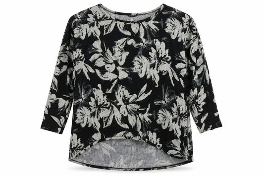 Front view of Roman women’s black floral jumper, size UK 10
