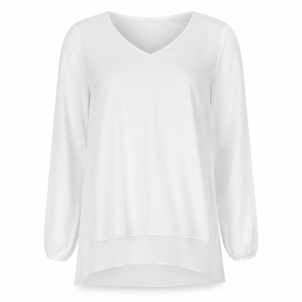 Front view of OJT women’s white basic blouse, size XL, - cold shoulder