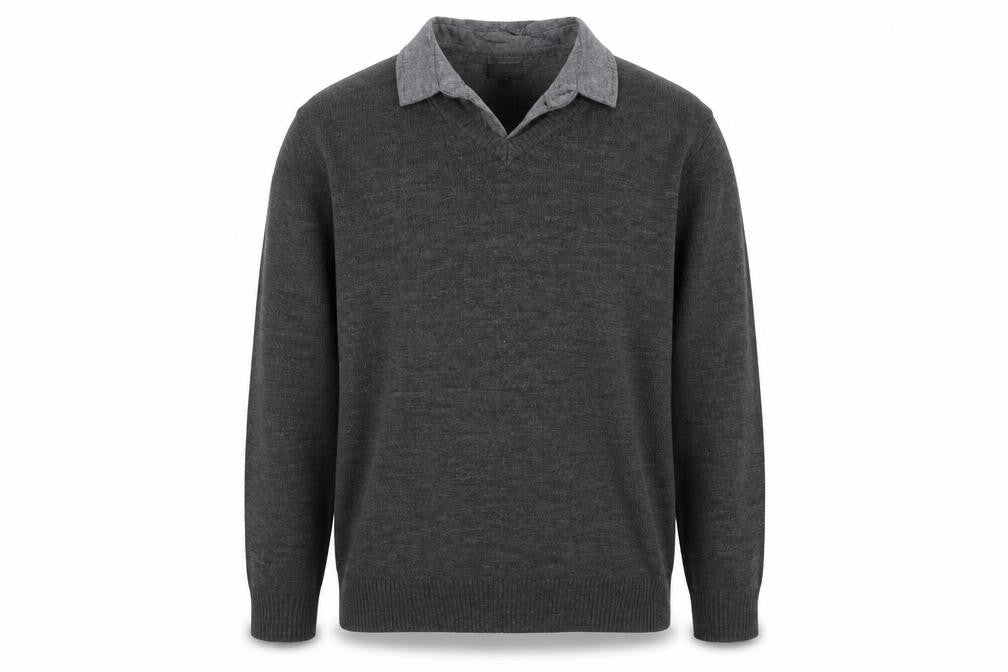 Front view of industrialize men’s grey knit jumper, size L