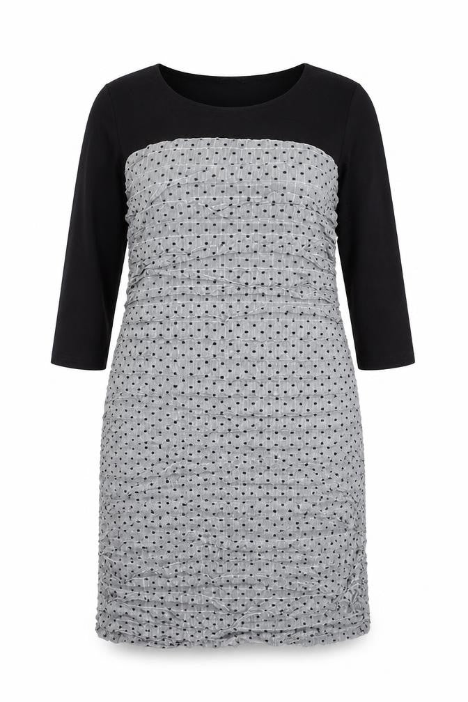 Front view of M&Co women’s grey polka dot shift, size UK 18